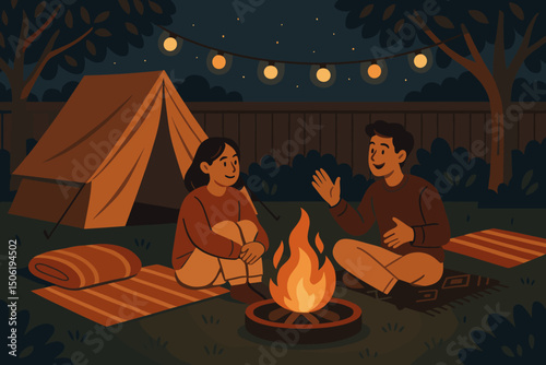 Nighttime camping experience with friends, enjoying stories by the campfire under a starlit sky