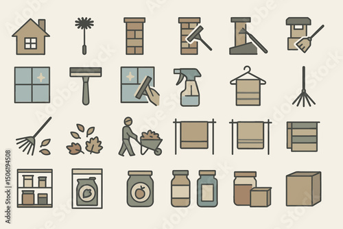 Collection of home cleaning and maintenance icons showcasing tools and activities for seasonal upkeep and organization