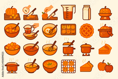 Colorful illustration of autumn cooking activities featuring pies, soups, and baked treats in warm hues