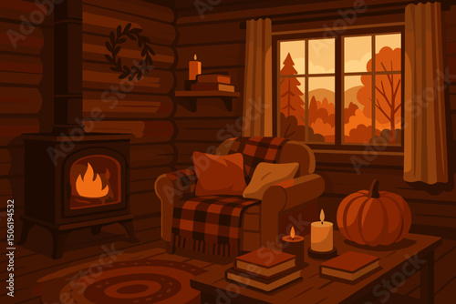 Cozy autumn evening in a rustic cabin with warm lighting and seasonal decorations
