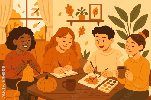 Friends gather for a cozy autumn crafting session in a warm and inviting living room with seasonal decorations