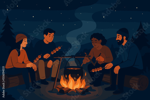 Friends gather around a campfire enjoying food and stories under the starry night sky in a forest setting
