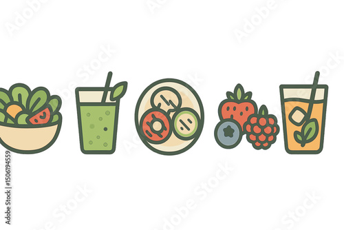Colorful assortment of healthy snacks and beverages displayed on a clean background