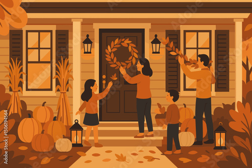 Family decorates home for autumn with pumpkins and fall leaves in a cozy neighborhood