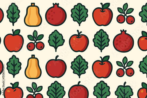 Colorful pattern featuring fruits and leaves for a vibrant farm-themed design