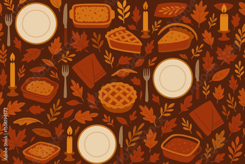 Pattern featuring autumn-themed dishes and decor in warm colors for seasonal celebration