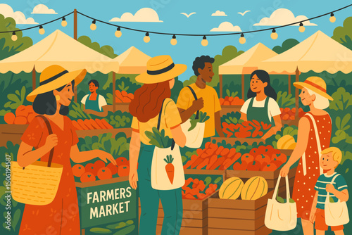 Vibrant farmers market bustling with activity on a sunny day with fresh produce and lively interactions