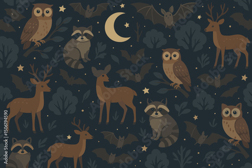 Forest creatures at night with owls, raccoons, deer, and bats among trees and stars