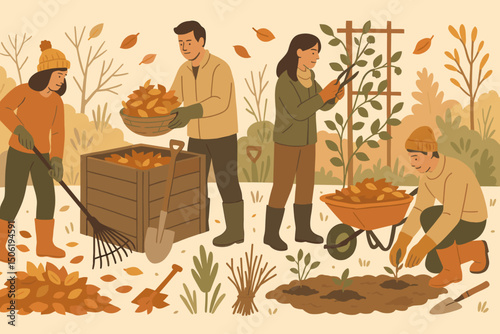 Gardening community members engage in autumn leaf collection and planting activities on a sunny fall day