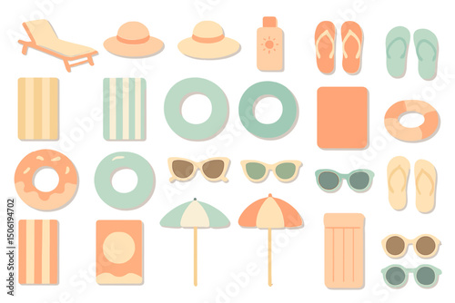 Bright summer items for a relaxing day at the beach featuring hats, sunglasses, and colorful floats