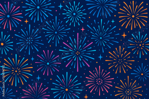 Colorful fireworks bursting in a night sky with a dark blue background and vibrant patterns