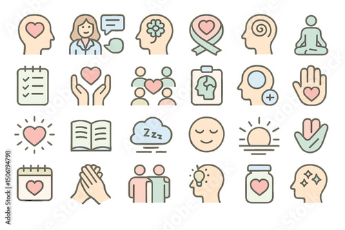 Mental health awareness icons representing various aspects of wellbeing and support in a colorful and engaging layout