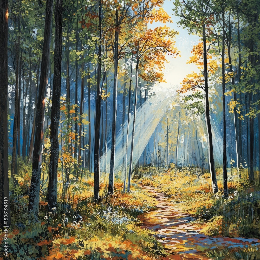Obraz premium Sunlight streams through a vibrant forest path