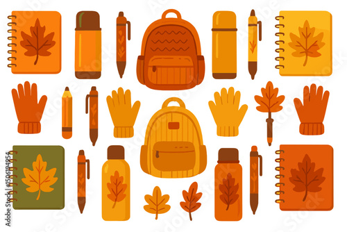 Colorful autumn school supplies and accessories arranged creatively, featuring backpacks, bottles, notebooks, pens, gloves, and leaf motifs