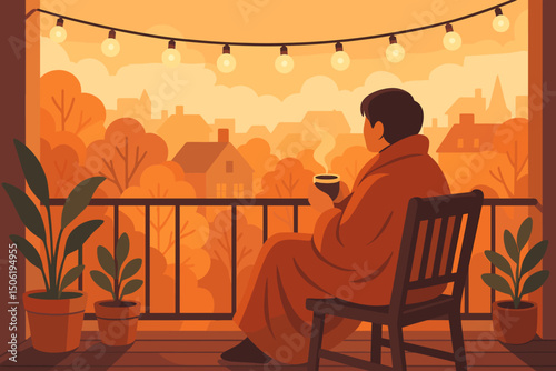 Warm evening on the balcony with a view of autumn trees and cozy lights in a peaceful setting