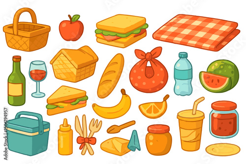 Picnic basket with various food items and drinks arranged on a checkered blanket in a cheerful outdoor setting