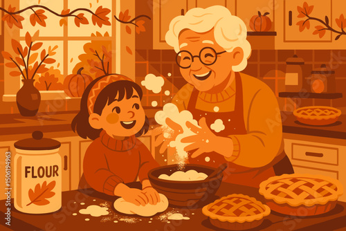Grandmother and granddaughter enjoy baking pies together in a cozy kitchen during autumn
