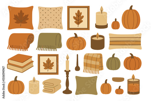 Cozy autumn decor featuring pillows, blankets, pumpkins, and candles in warm earthy tones