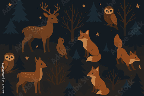 Wildlife in a nighttime forest featuring deer, foxes, and owls among dark trees and stars