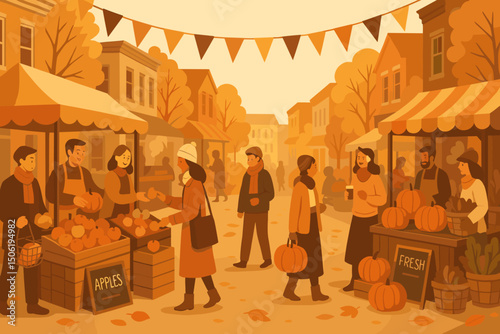 Autumn farmers market bustling with shoppers enjoying fresh produce and seasonal decorations
