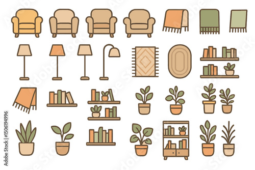 Interior design elements featuring cozy furniture, plants, and home decor arranged in a harmonious layout
