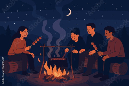 Friends gathered around a campfire enjoying skewers and conversation under a starry night
