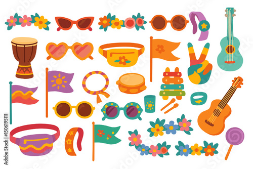 Colorful festival accessories including sunglasses, flags, and musical instruments for a joyful celebration