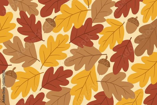 Colorful autumn leaves and acorns scattered on a beige background capturing the essence of fall in a natural pattern