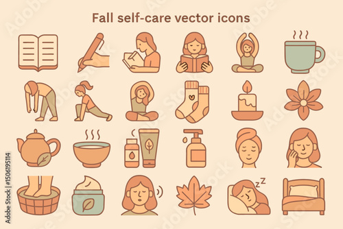 Self-care icons for fall season featuring relaxation, wellness, and mindfulness activities for mental health