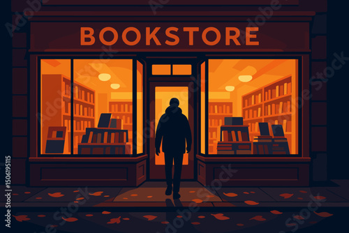 Warm evening at a cozy bookstore with a figure stepping inside on a fall night
