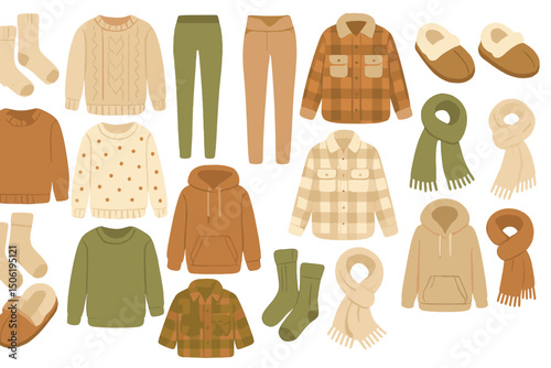 Cozy autumn wardrobe with warm clothing and accessories for casual outings in a fall setting