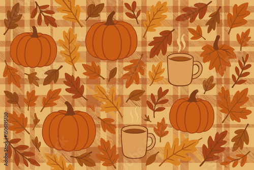 Warm autumn pattern featuring pumpkins, leaves, and steaming mugs in rich fall colors