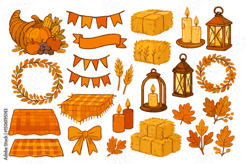 Decorative autumn elements featuring pumpkins, candles, and harvest symbols for festive celebrations