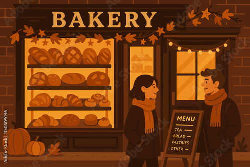 Couple enjoying a cozy evening outside a bakery adorned for autumn