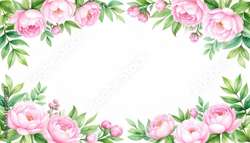 Flora Flower Frame watercolor concept. Floral border design with pink peonies and green leaves.