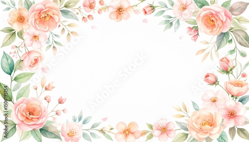 Flora Flower Frame watercolor concept. Floral border design featuring pink roses and delicate greenery.