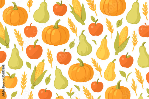 Colorful fall harvest pattern featuring pumpkins, apples, and corn on a white background