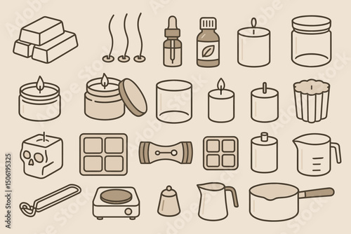 Collection of candle making tools and decorative items arranged neatly on a light background