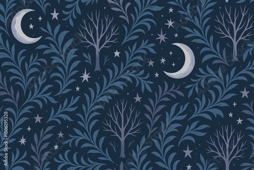 Decorative night forest pattern with moons, trees, and stars in a deep blue background