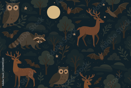Nighttime forest scene with woodland animals including owls, deer, raccoon, and bats among trees and stars