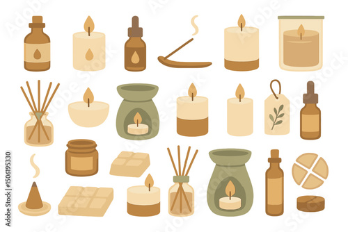 Various types of candles and aromatherapy items arranged in a decorative layout ideal for a cozy atmosphere