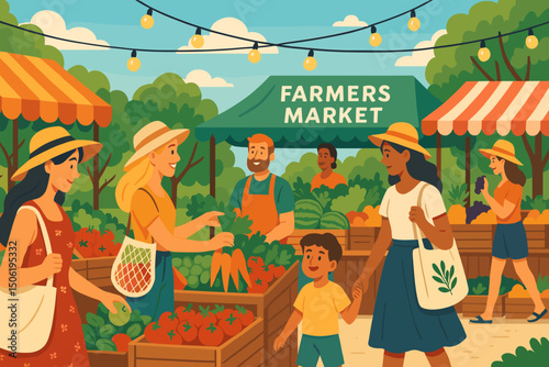 Families enjoy a vibrant day at a local farmers market with fresh produce and community engagement