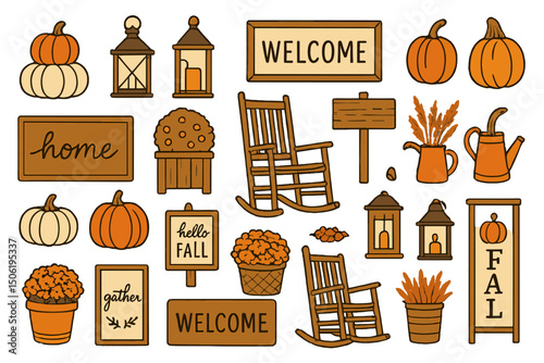 Decorative autumn-themed illustrations featuring pumpkins, signage, and cozy elements for seasonal decor