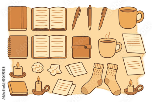 Cozy workspace with stationery, warm beverages, and soft items for a relaxed creative atmosphere