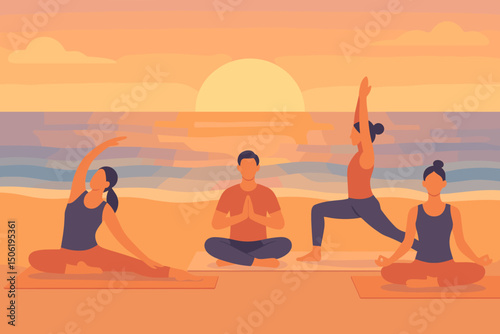 Yoga practitioners engage in morning exercises on a beach with a beautiful sunset backdrop