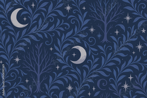 Decorative navy pattern featuring moon and trees with swirling foliage in a mystical forest setting