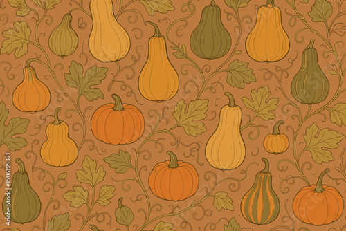 Colorful pumpkin and squash pattern ideal for autumn decorations and crafts