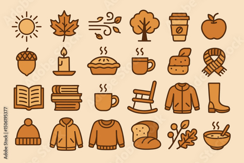 Icons representing autumn activities and seasonal elements in warm colors