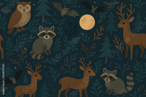 Creative forest pattern featuring owls, deer, raccoons, and bats under a full moon at night