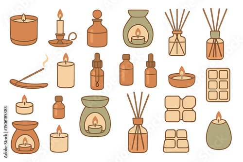 Collection of aromatic candles, diffusers, and incense displayed on a neutral background for a calming atmosphere